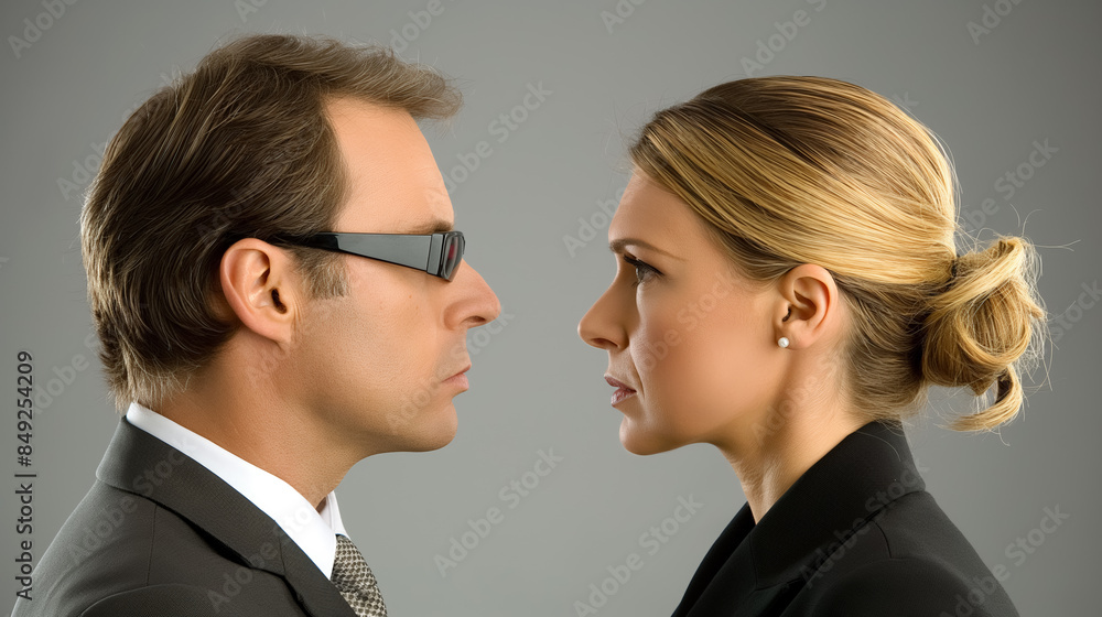 Man and woman in business attire face each other with serious expressions, symbolizing a confrontation or intense discussion in a professional setting. Man and woman in business attire face each other with serious expressions, symbolizing a confrontation or intense discussion in a professional setting.