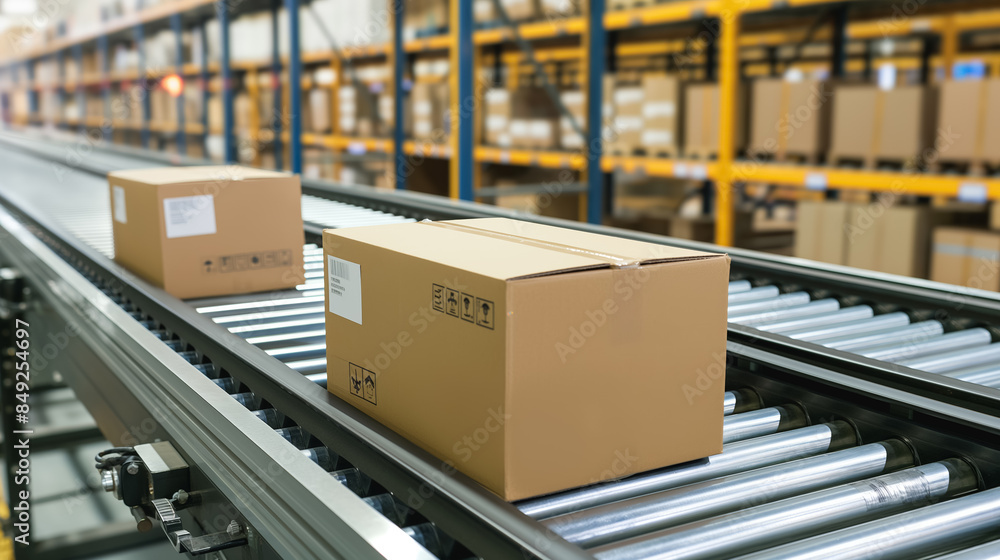 Cardboard boxes moving along a conveyor belt in a warehouse, depicting efficiency and organization in a modern logistics setting. Cardboard boxes moving along a conveyor belt in a warehouse, depicting efficiency and organization in a modern logistics setting.