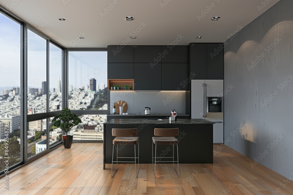 An interior view of a grey home kitchen with a windowed bar counter and an eating table An interior view of a grey home kitchen with a windowed bar counter and an eating table