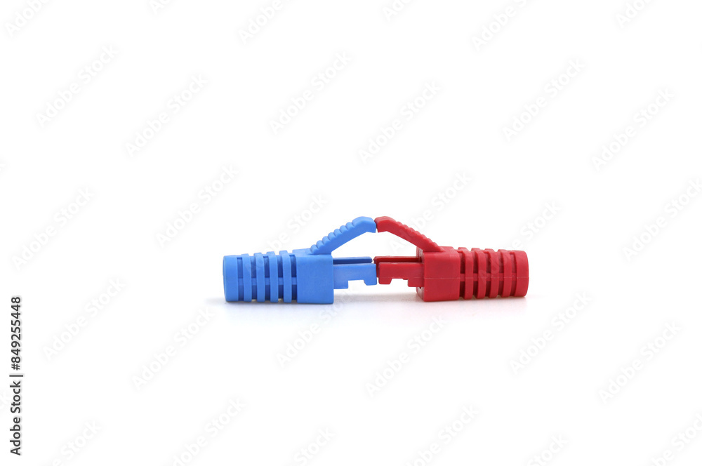 Close Up blue and red color strain relief boots for RJ45. RJ45 Protection Cover. Close Up blue and red color strain relief boots for RJ45. RJ45 Protection Cover.