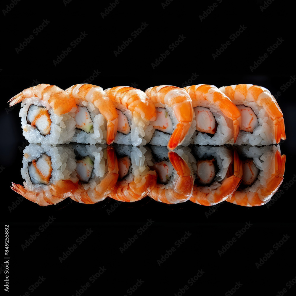 A set of sushi with shrimps on a black background with reflection A set of sushi with shrimps on a black background with reflection
