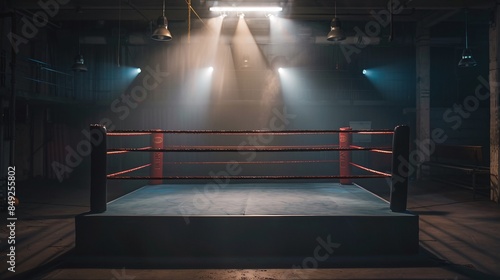 Empty boxing ring with spotlight