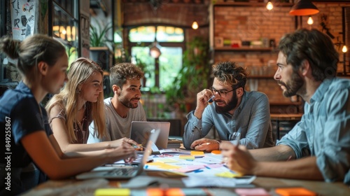 Wallpaper Mural Team collaborating in modern workspace, brainstorming ideas with notes and laptops. Creative office environment with group of focused professionals. Torontodigital.ca