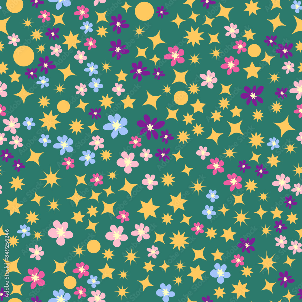 Ditsy floral seamless pattern. Flowers and stars pattern, lavender and pink. Ditsy floral seamless pattern. Flowers and stars pattern, lavender and pink.
