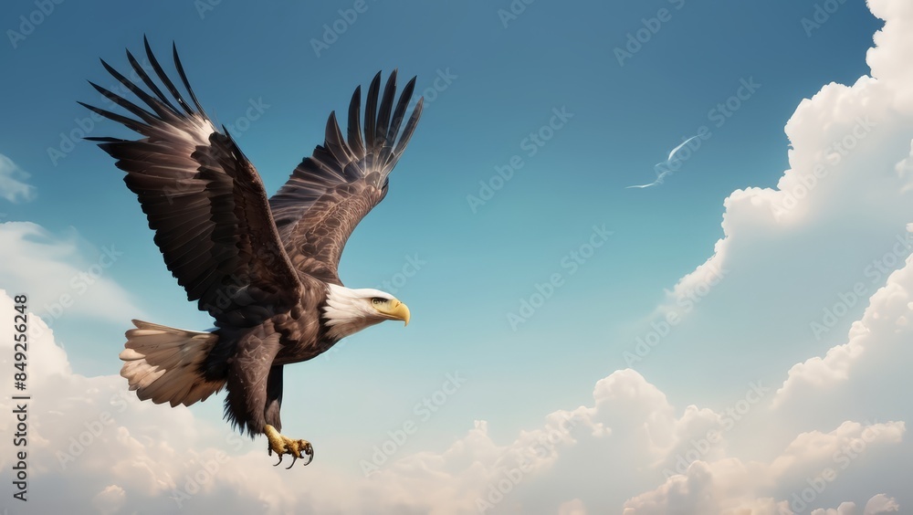 Obraz premium An eagle is flying in the blue sky. Bald eagle flying against a clear blue sky with wings fully extended. 