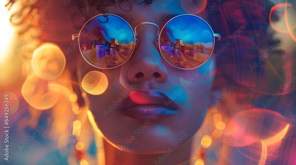 Close-up front view of a woman with round sunglasses, blurred background, cool pose, virtual drawing, detailed, vibrant colors Close-up front view of a woman with round sunglasses, blurred background, cool pose, virtual drawing, detailed, vibrant colors