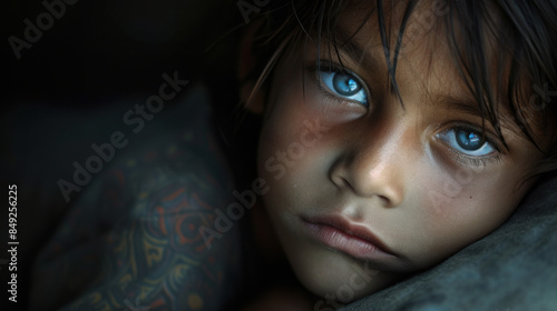 A young child, likely homeless, stares into the camera with a deep sense of sadness