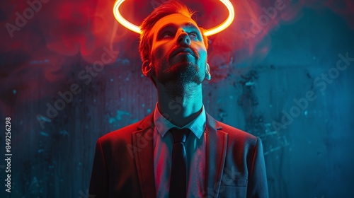 Narcissism concept, a confident young male narcissist wearing a suit with a neon halo over his head photo