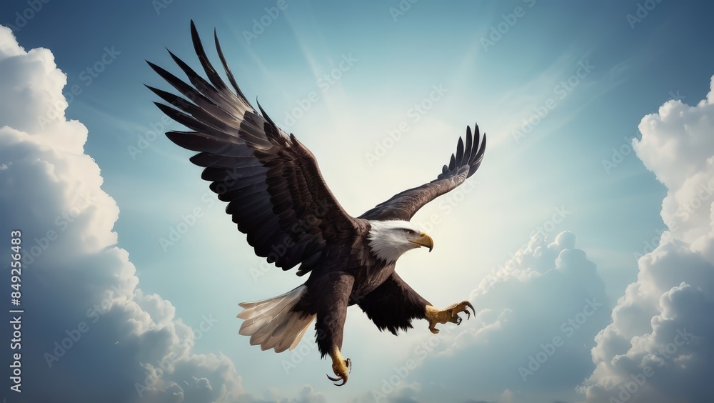 Obraz premium An eagle is flying in the blue sky. Bald eagle flying against a clear blue sky with wings fully extended. 