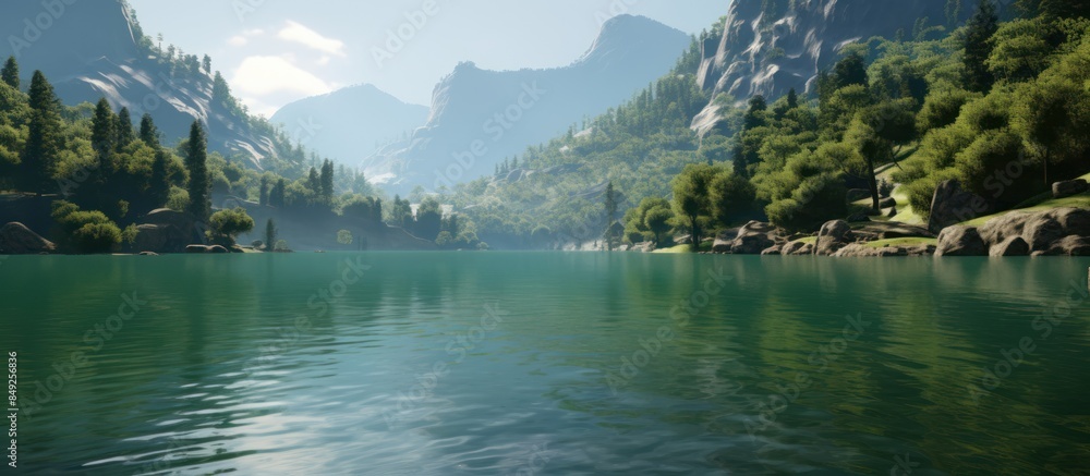 Naklejka premium Serene Mountain Lake with Lush Greenery