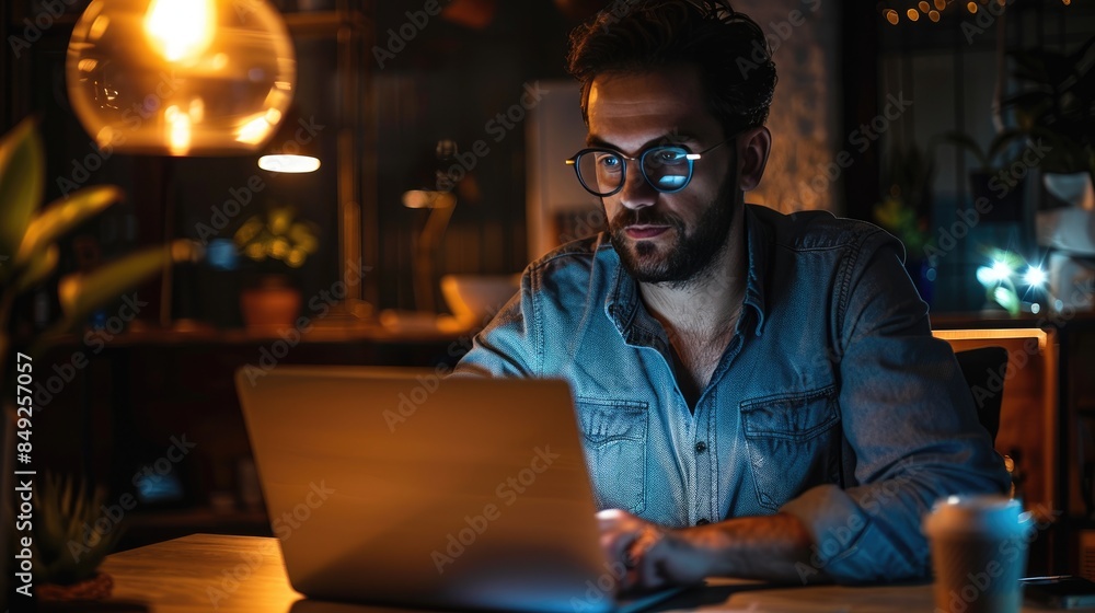 A man working late at night on his laptop in a cozy, dimly-lit room with a warm ambiance, featuring a decorative lamp and a coffee cup. A man working late at night on his laptop in a cozy, dimly-lit room with a warm ambiance, featuring a decorative lamp and a coffee cup.