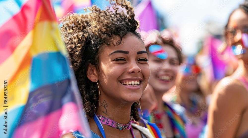 Smiling young woman at a vibrant pride parade, surrounded by colorful flags and jubilant faces celebrating diversity and inclusion. Smiling young woman at a vibrant pride parade, surrounded by colorful flags and jubilant faces celebrating diversity and inclusion.
