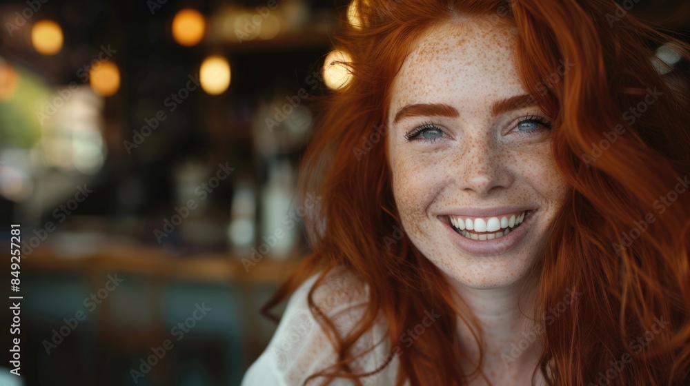 A beautiful smiling red-haired woman with freckles in a cafe. A beautiful smiling red-haired woman with freckles in a cafe.