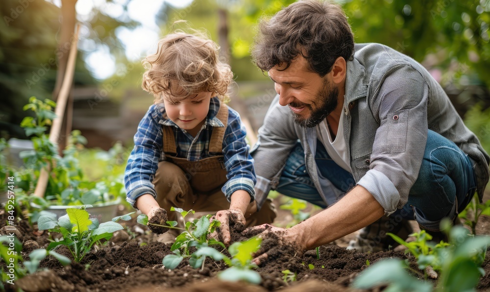 Father and son gardening together in a lush garden, planting seedlings and enjoying nature. Family bonding and outdoor activities. Father and son gardening together in a lush garden, planting seedlings and enjoying nature. Family bonding and outdoor activities.