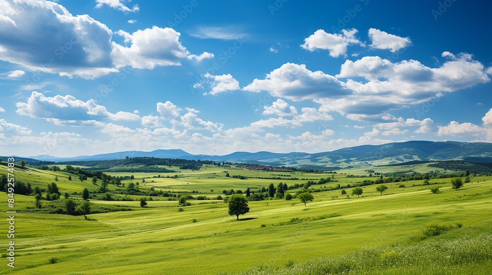 Beautiful summer landscape with green meadow and blue sky with clouds. Beautiful summer landscape with green meadow and blue sky with clouds.