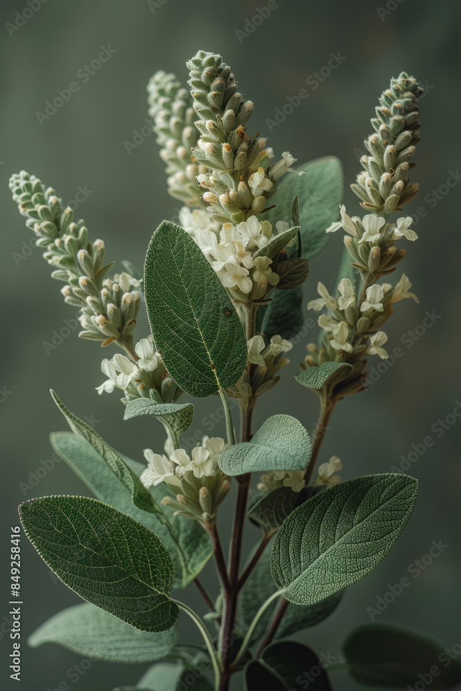 Minimalist composition of sage leaves and flowers on a neutral background, Minimalist composition of sage leaves and flowers on a neutral background,