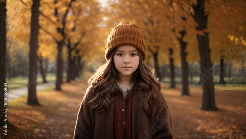 Autumn Portrait: The girl in Warm Clothing Standing in garden.