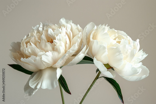 Simple photo of two white peony flowers on a clean, neutral background, © Oleksandr