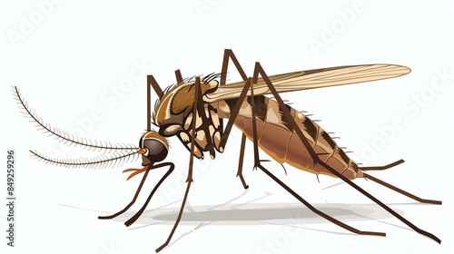 This is a detailed illustration of a mosquito. The mosquito is brown and has long, thin legs. It is standing on a white surface. photo