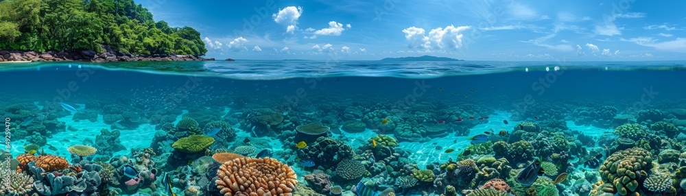 Obraz premium Tropical island with vibrant coral reef underwater.