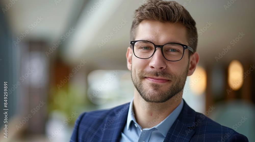Caucasian man glasses suit smiling indoor workspace Caucasian man glasses suit smiling indoor workspace