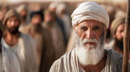 Portrait of a confident elderly man with a white beard and traditional Middle Eastern attire, standing among a group of similarly dressed people, evoking the biblical figure Moses and his leadership.