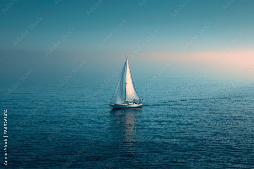 Fototapeta premium Minimalist aesthetic background with a distant sailboat on a calm sea,