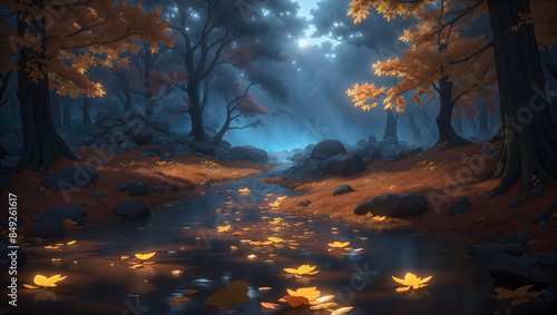View of serene mysterious forest in the autumn nights