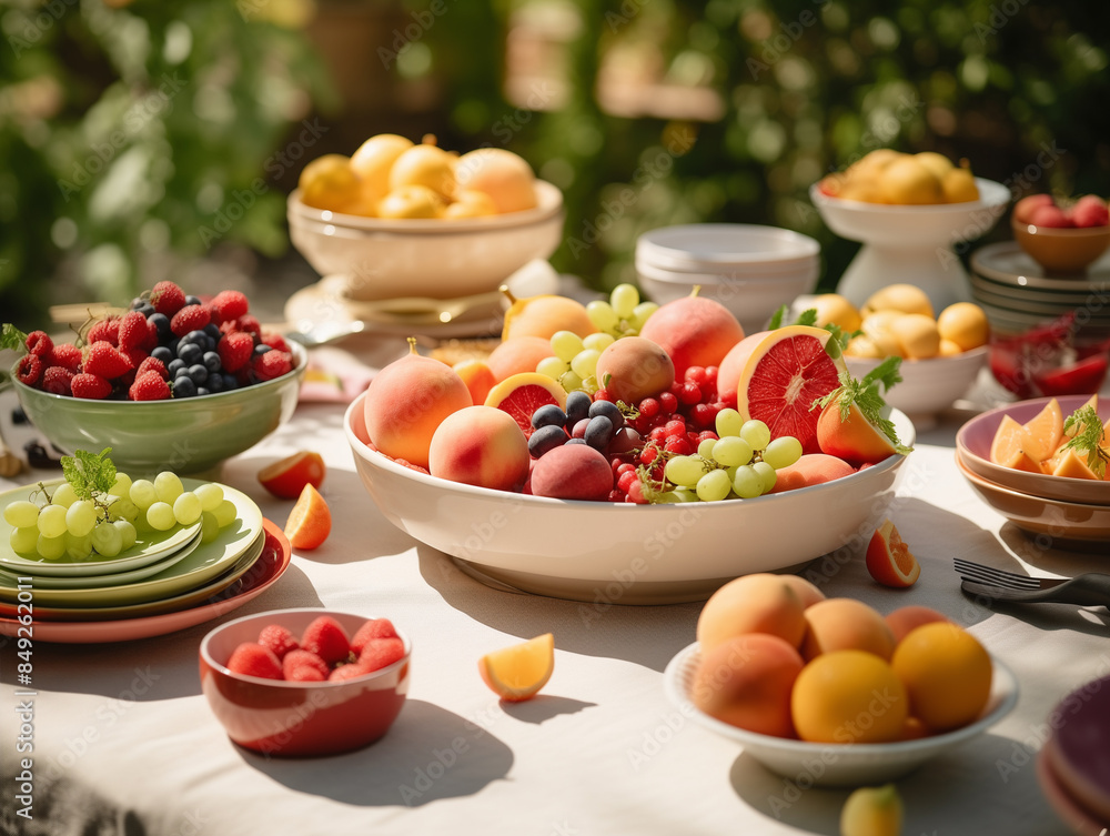 An array of fresh fruits meticulously arranged on a table, set outdoors under the natural sunlight An array of fresh fruits meticulously arranged on a table, set outdoors under the natural sunlight