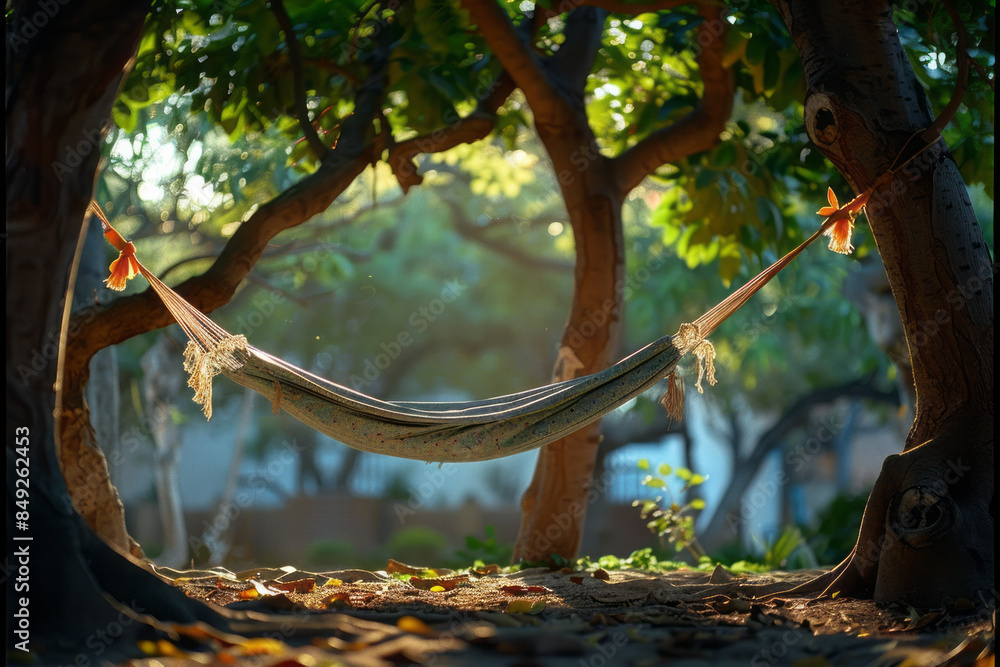 Simple background showcasing a hammock between two trees, encased in a clean frame, Simple background showcasing a hammock between two trees, encased in a clean frame,