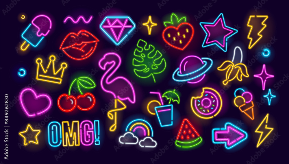 custom made wallpaper toronto digitalNeon vector icons and symbols of cartoon characters, food, fruits, fashion elements for patch, badges and pins. Glowing light banner. Pop Art and Fashion neon sign. Editable vector set 19