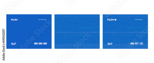 Retro VHS blue screen and video player interface with pixelated noise effect editable vector background	
