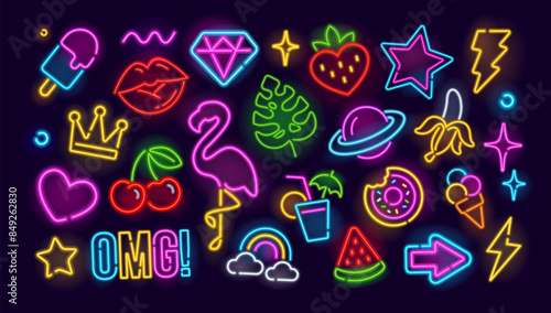 Neon vector icons and symbols of cartoon characters, food, fruits, fashion elements for patch, badges and pins. Glowing light banner. Pop Art and Fashion neon sign. Editable vector set 19