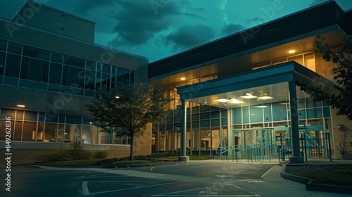 Modern building with illuminated entrance at night