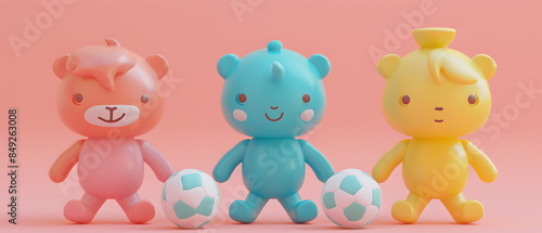 Wallpaper Mural set of Adorable clay ,a soccer players , muted pastels, 3D clay icon, Blender 3d, kawaii footballer, cute soccer, sport player,  football toy Torontodigital.ca