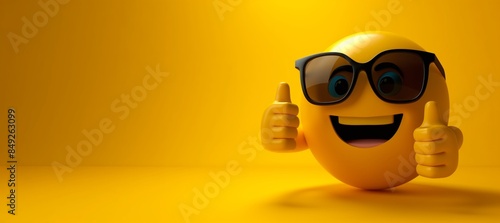 happy smiley face emoticon wearing sunglasses with thumbs-up gesture, copy space