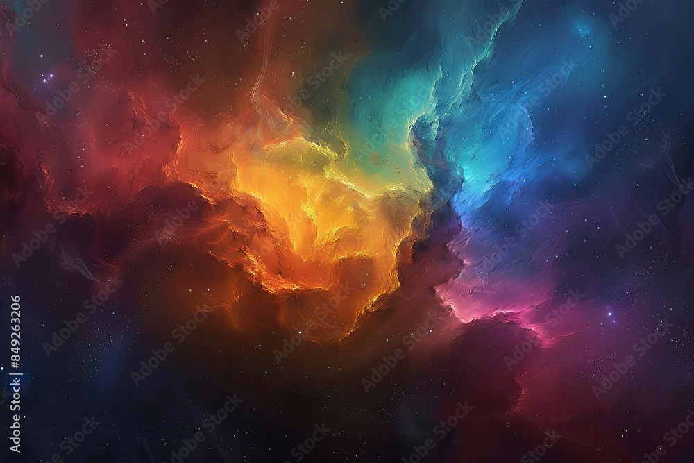 Vibrant Nebula Cloud with Orange and Blue Stars in Deep Space. Stunning Swirling Patterns Beauty of the Cosmos Vibrant Nebula Cloud with Orange and Blue Stars in Deep Space. Stunning Swirling Patterns Beauty of the Cosmos