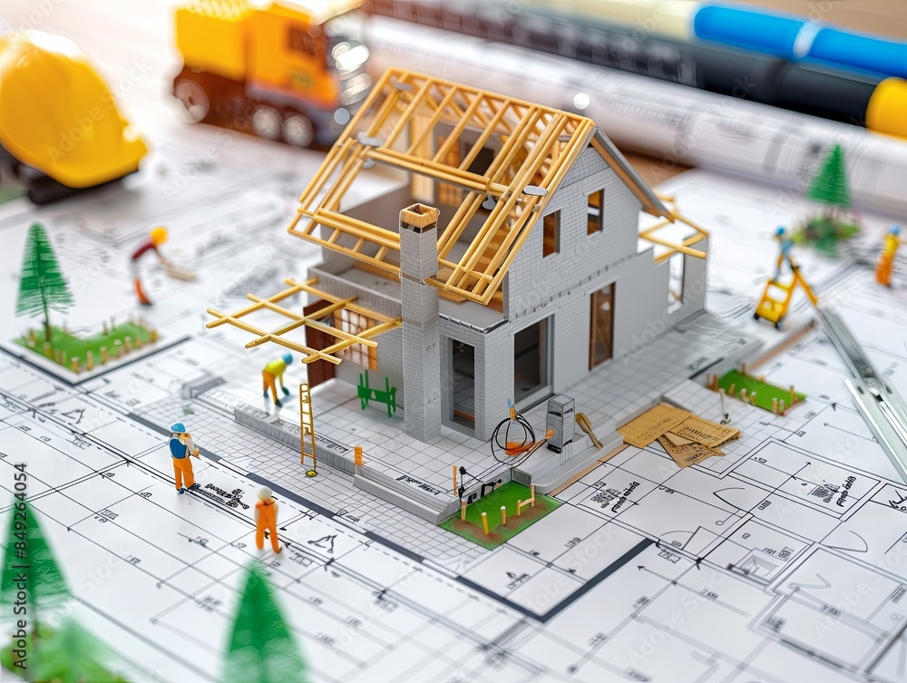 miniature illustration of workers building a house. public housing home credit concept miniature illustration of workers building a house. public housing home credit concept