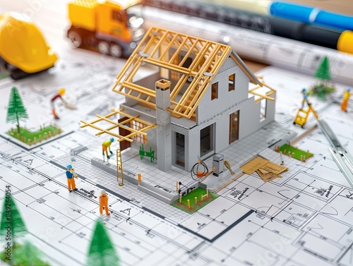 miniature illustration of workers building a house. public housing home credit concept