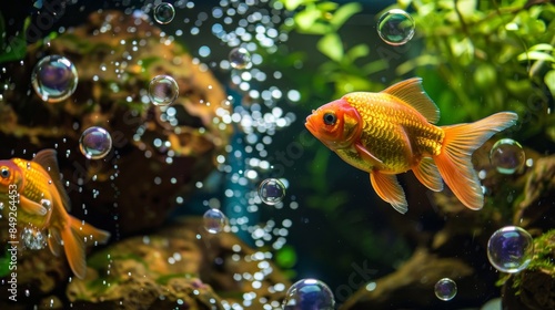 Orange goldfish in aquarium with bubbles and plants photo