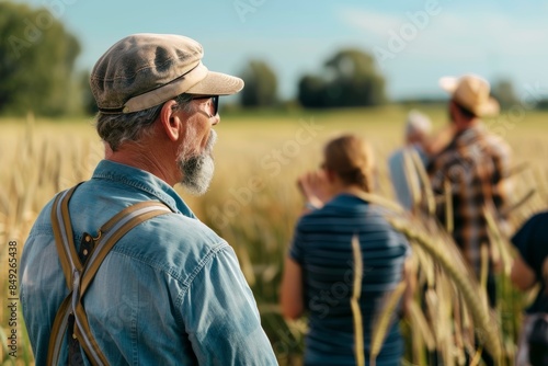 Farmer Explaining Organic Grain Farming Benefits to Visitors in Eco-Friendly Fields for Educational Tour © spyrakot