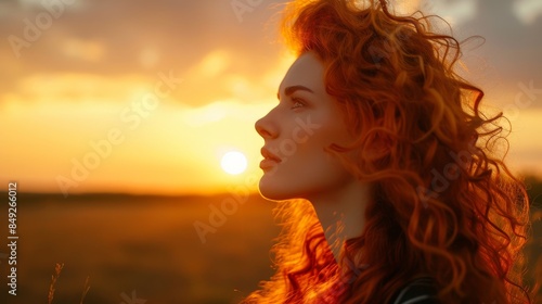 Beautiful young woman with flowing red hair and long curls stands against a stunning sunset
