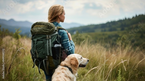 Woman with a backpack and dog in nature