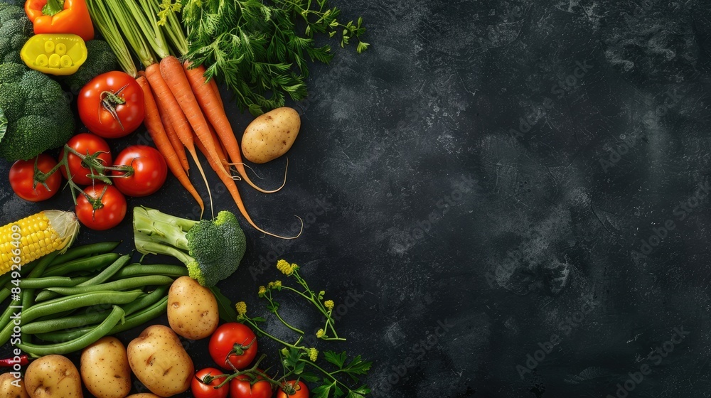 various vegetables and potatoes arranged in a flat lay style on a dark background, forming a diamond shape with green beans, carrots, tomatoes, broccoli, corn, and cselowe. various vegetables and potatoes arranged in a flat lay style on a dark background, forming a diamond shape with green beans, carrots, tomatoes, broccoli, corn, and cselowe.