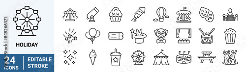 Holidays web line icons. Party, celebration, dancing, music, congrats and more. Editable stroke. Vector illustration