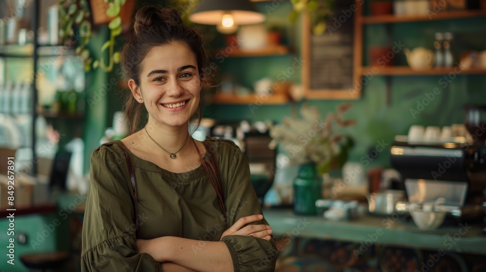 Young woman business owner standing with her arms crossed in her coffee shop. Young woman business owner standing with her arms crossed in her coffee shop.