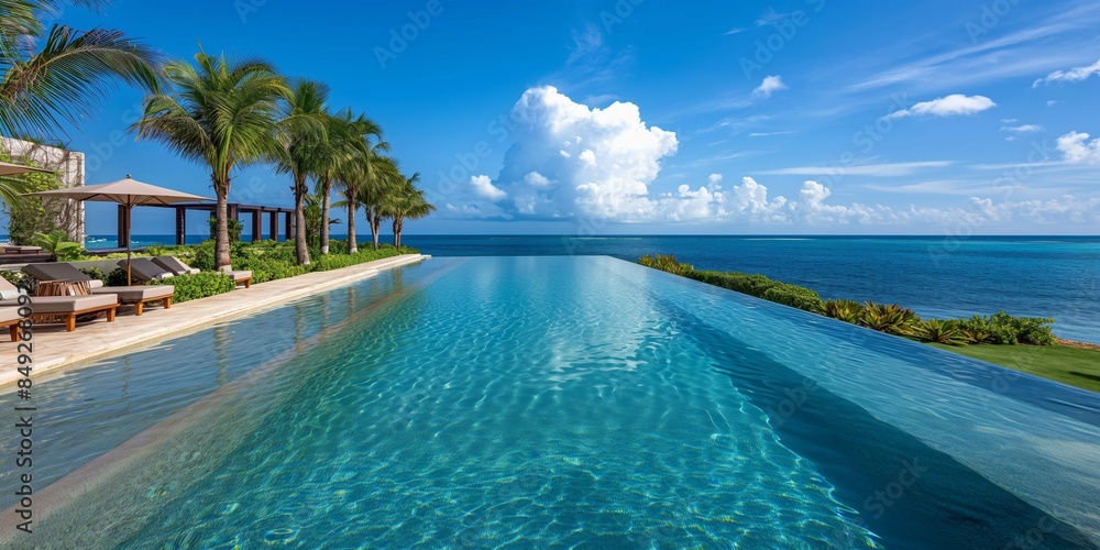 Fototapeta premium A tranquil poolside oasis overlooking the vast ocean horizon, inviting relaxation amidst tropical serenity.