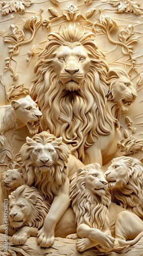 Beautiful lions 3d relief wallpaper. Mural wallpaper. Wall art. AI generated illustration.