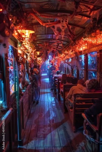 Haunted Train Ride Attraction with Spooky Decor and Eerie Ghost-Filled Landscapes
