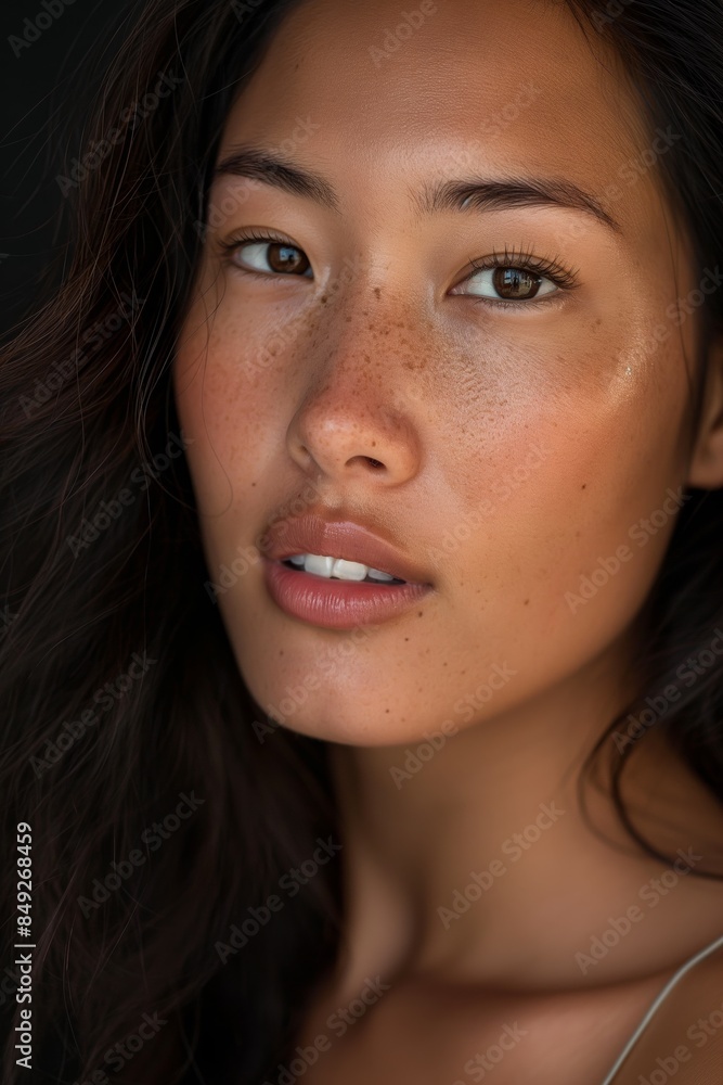Young woman with flawless and freckles in a closeup portrait, showcasing natural beauty and elegance. Young woman with flawless and freckles in a closeup portrait, showcasing natural beauty and elegance.